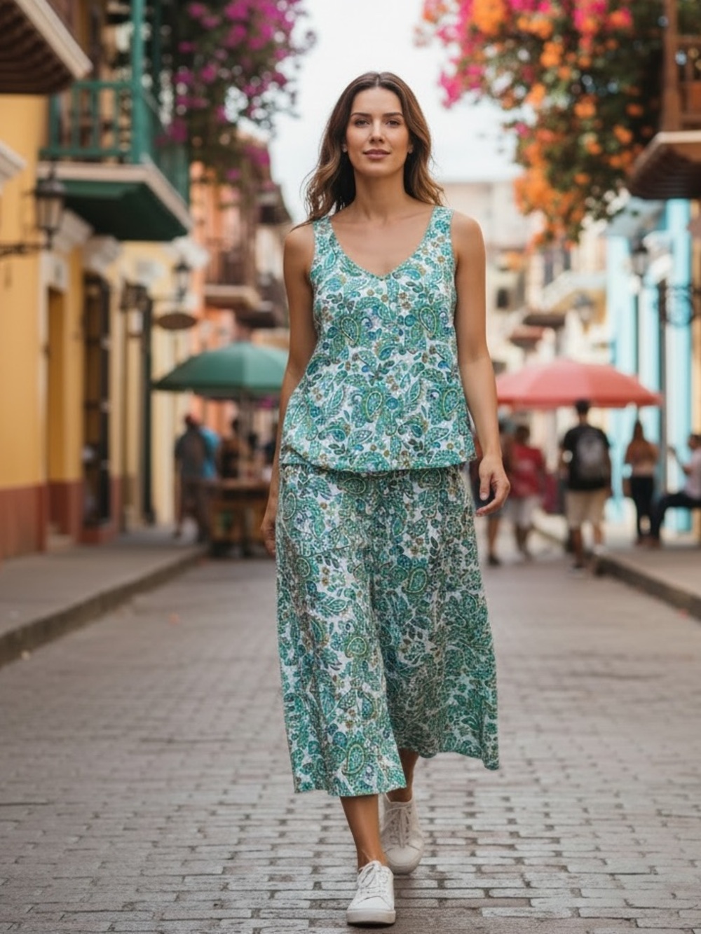 New! LOFT Paisley Print High Low Hem Tank Midi Skirt 2 Pc Set Blue Green Silky